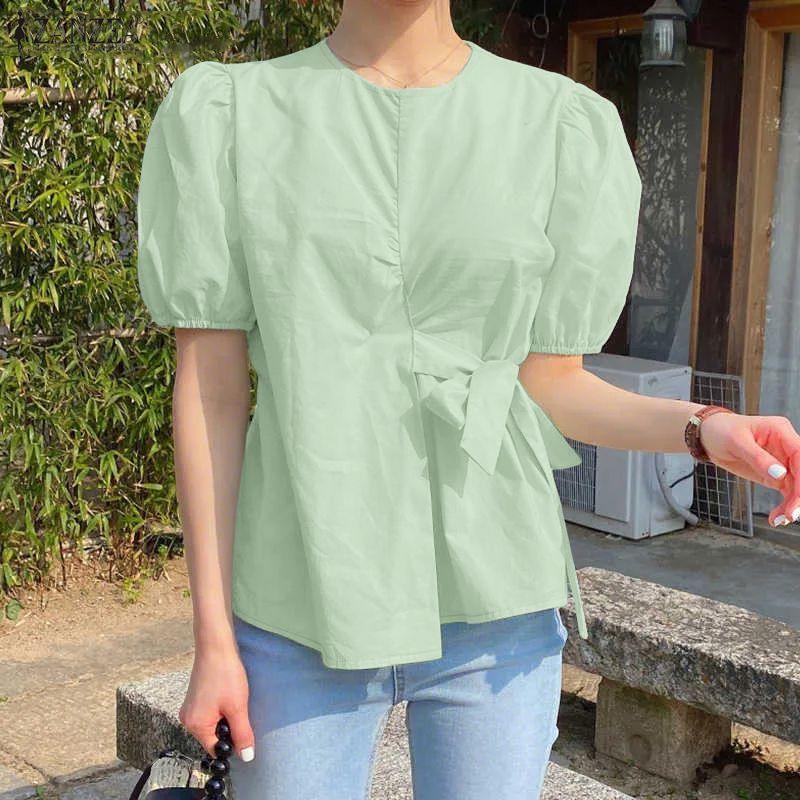 ZANZEA Women Casual Round Neck Solid Color Puff Short Sleeve Blouse