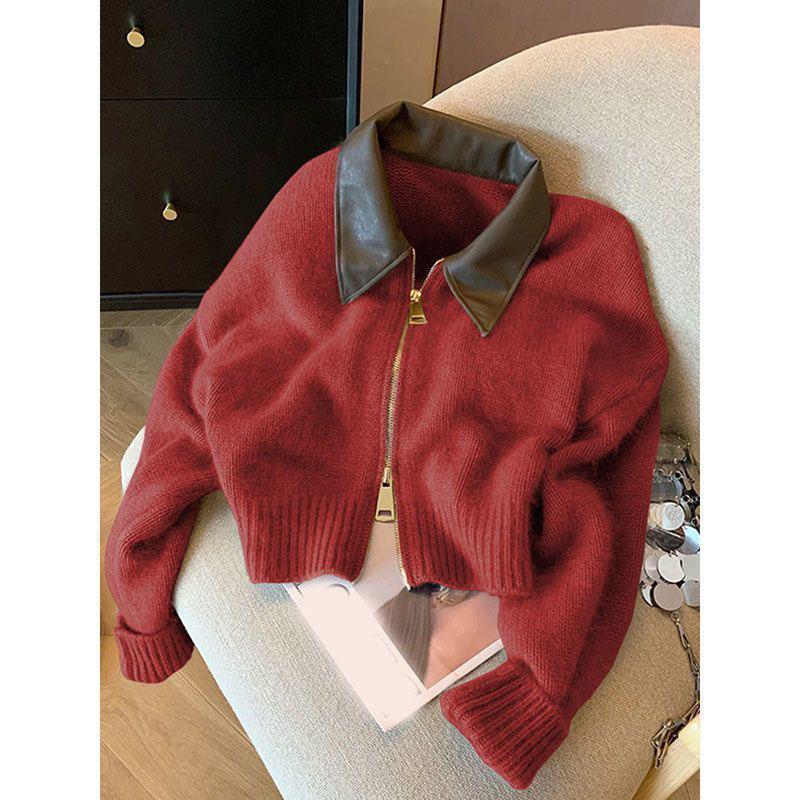 

Осенне-зимний вязаный свитер с кожаным воротником и двойной молнией, женский мягкий винтажный уличный топ с длинными рукавами XXL красный