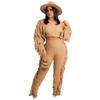 Women's Off Shoulder Long Sleeve Knit Two Piece Set Fringe Crop Top High Waist Wide Leg Pants Solid Geometric Knitted Tracksuit