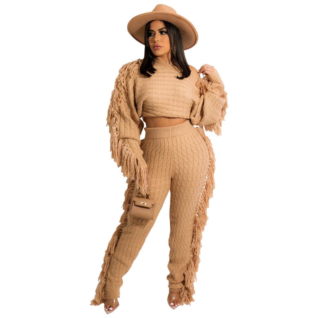 Women's Off Shoulder Long Sleeve Knit Two Piece Set Fringe Crop Top High Waist Wide Leg Pants Solid Geometric Knitted Tracksuit