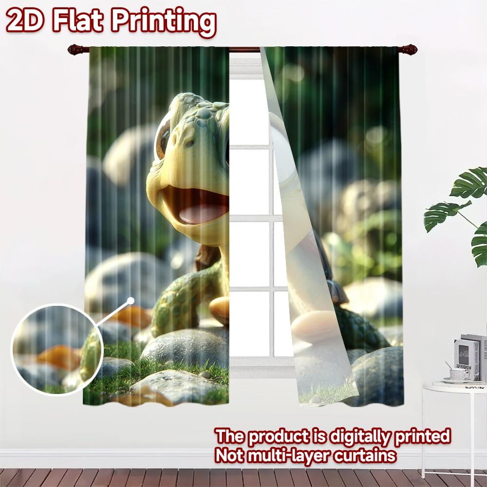 2D Flat Printing 2pcs Curtain Cute Turtle Outdoor Nature Digital Printed Polyester Drapes Holiday Decorations for Photo Booths &