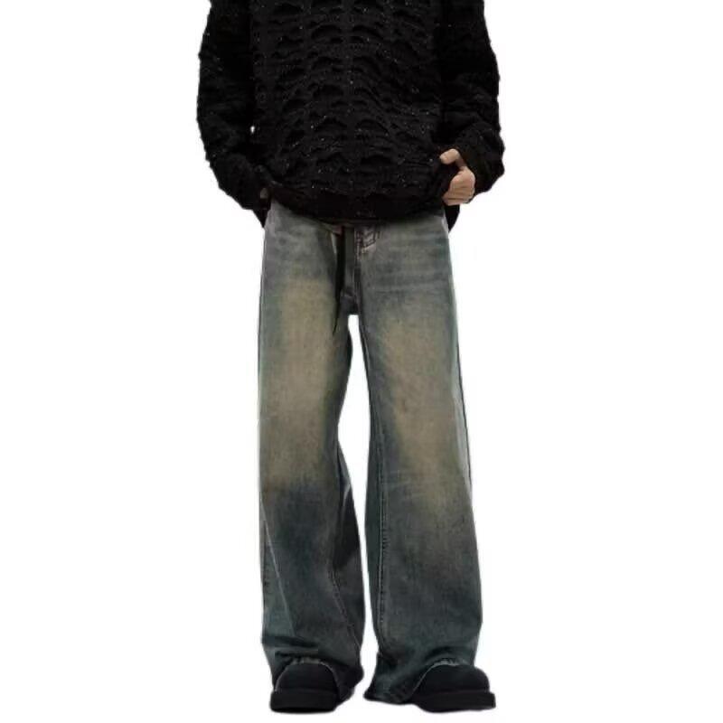 Men's American Retro High Street Wide-Leg Jeans - Spring Arrival, Trendy Loose Fit, Floor-Length
