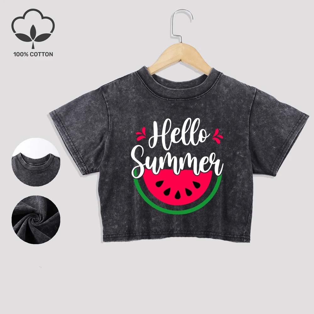 Hello Summer Watermelon Printing Cotton Crop Tops Lace Hem Washed T-Shirts O-Neck Distressed Short Sleeve Clothes