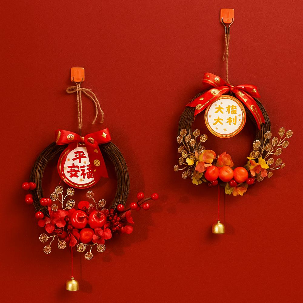 Traditional Chinese New Year Wreath Exquisite Rattan Front Door Wreath Decorative with Bell Artificial Floral Wreath