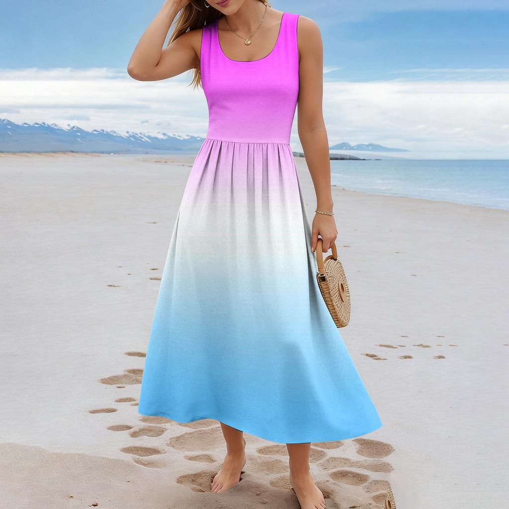 Ladies' gradient printed summer casual and fashionable sleeveless long dress