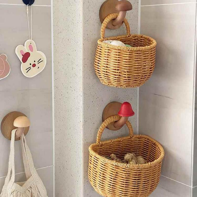 1Pc Kitchen Storage Basket With Handle Cute Wall Hanging Woven Basket Kawaii Hanging Storage Basket Kitchen Sundries Organizer
