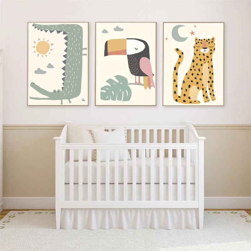 Nordic Creative Baby Cartoon Animal Canvas Painting Tiger Elephant Lion Monkey Giraffe Poster Children's Room Wall Art Decor