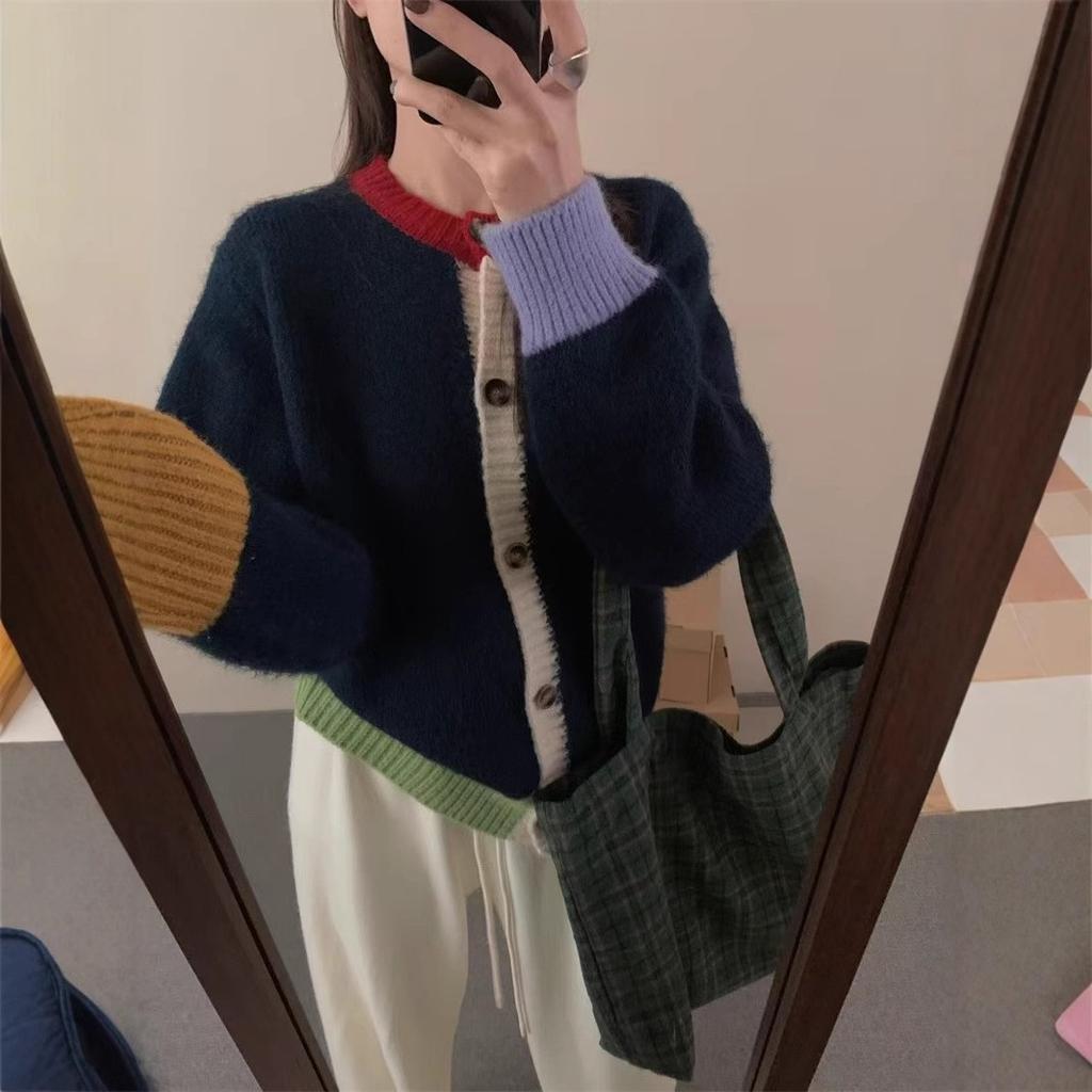 Korean lazy wind contrasting color knitted sweater women's autumn and winter 1011 new winter loose short knitted sweater jacket women