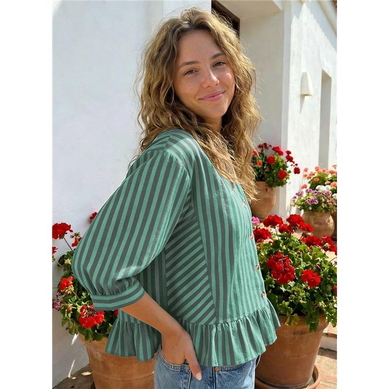 Casual Button Seven Quarter Sleeve Commuting Striped Shirt