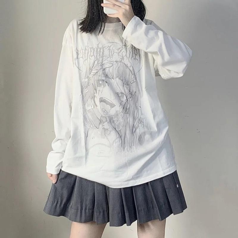 Teen Girl Cute Kawaii T Shirts Y2k Anime Black Oversized Japanese Punk Top Jpop Kpop Cutecore