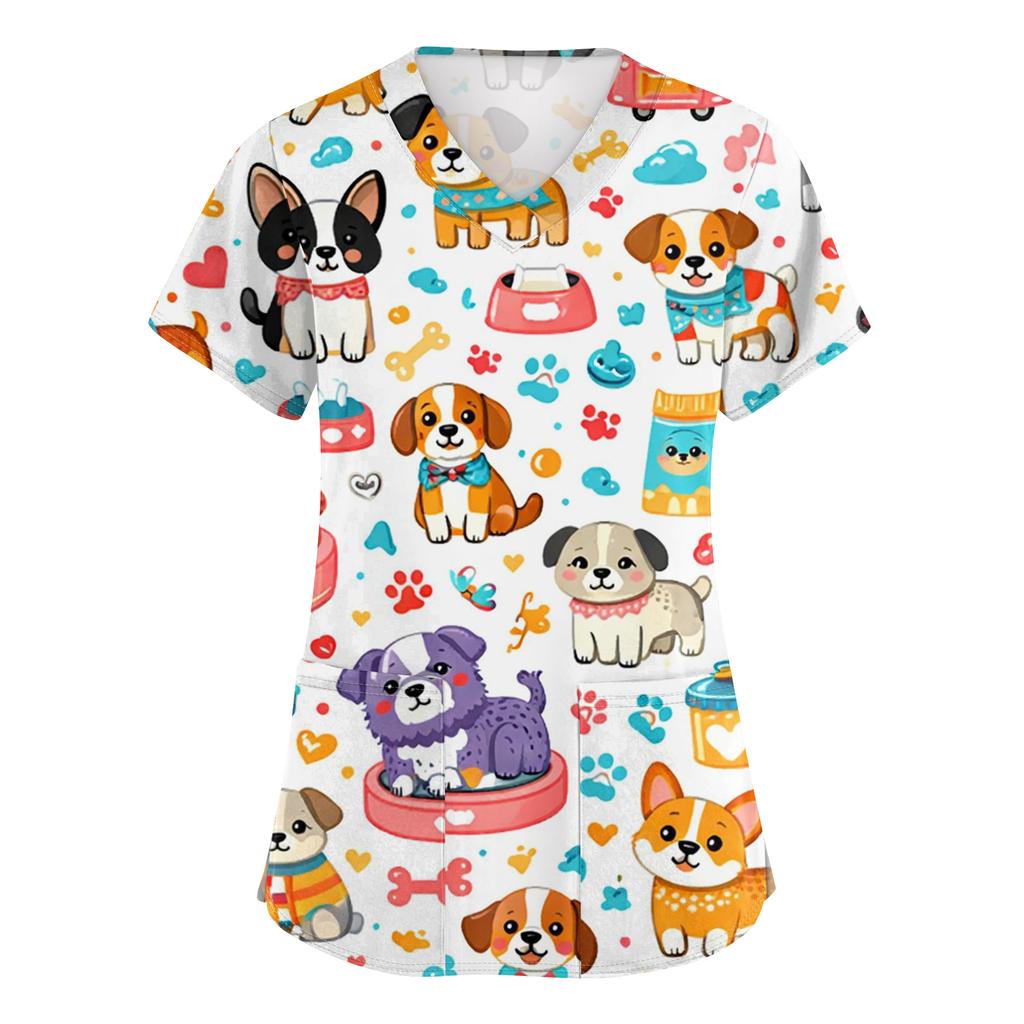 Women's Casual Short-Sleeve Cute Animal Print V-Neck Pocket Workwear Top