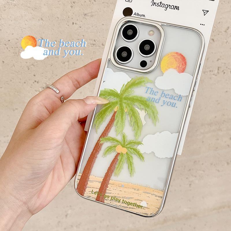 Summer Seaside Coconut Tree Suitable for Apple 16promax Mobile Phone Case 14 Electroplated IPhone 15 Protective Case