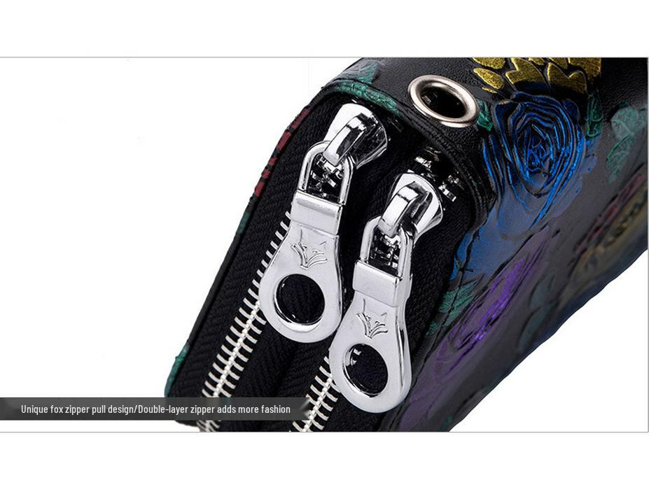 Rose Flower Ladies Genuine Leather Wallet – Double Zipper, Large Capacity, Multi-card Slots