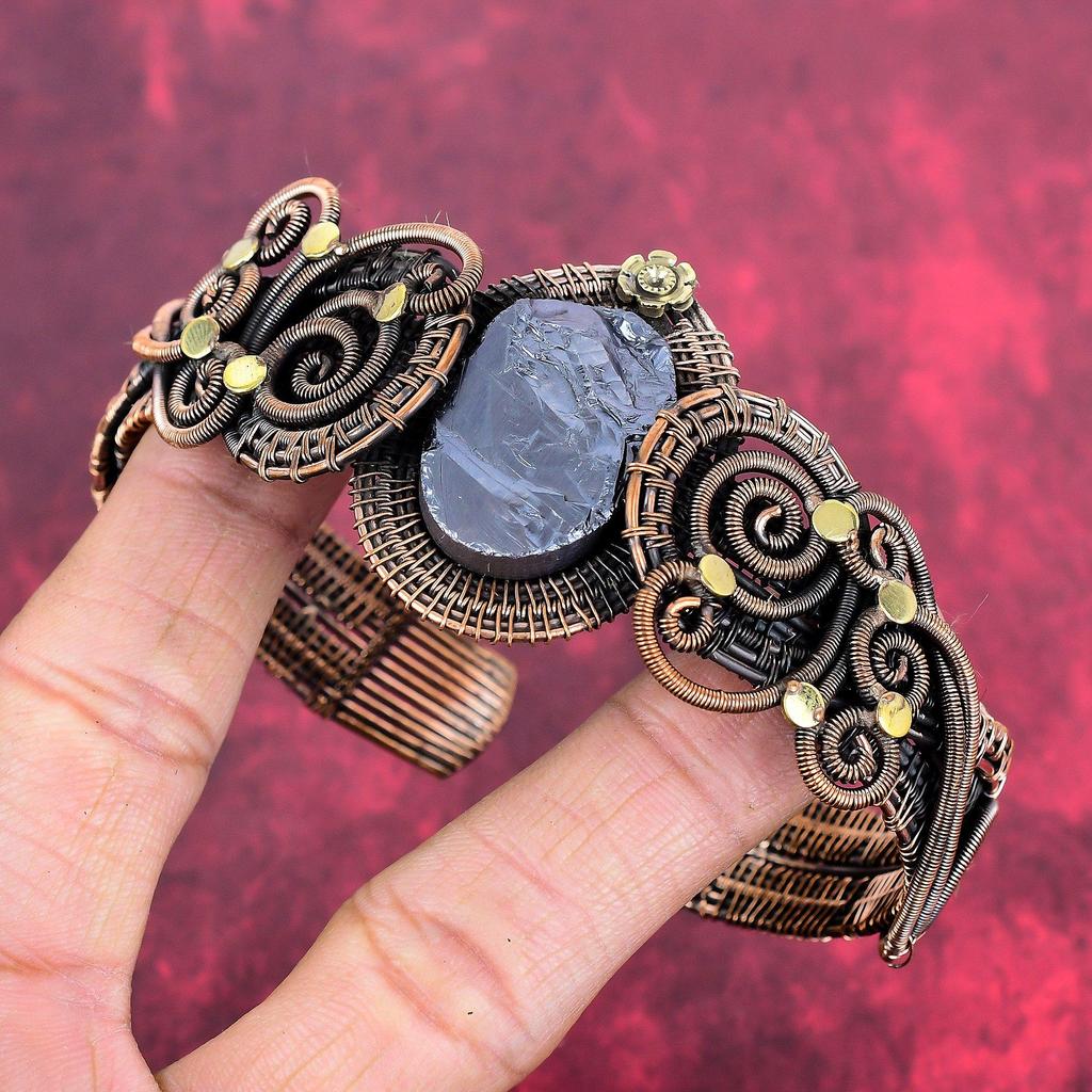 Shungite rough cuff bracelet copper wire wrapped adjustable bangle flower gemstone bangle handmade copper jewelry wire wrap jewelry for gift