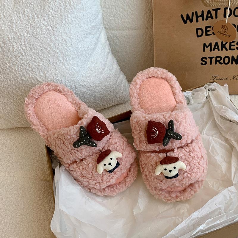 Cute Cartoon Puppy Fluffy Slippers Women's Winter 2025 New Versatile Thick Bottom Heightening Outer Wear Cotton Slippers Tide