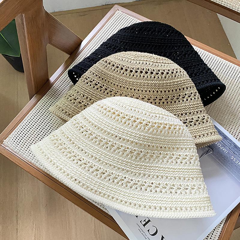 Knitted Hollow Bucket Hat Women's Summer New Solid Color Breathable Sunscreen Sunshade Bucket Basin Hat Sun Hat