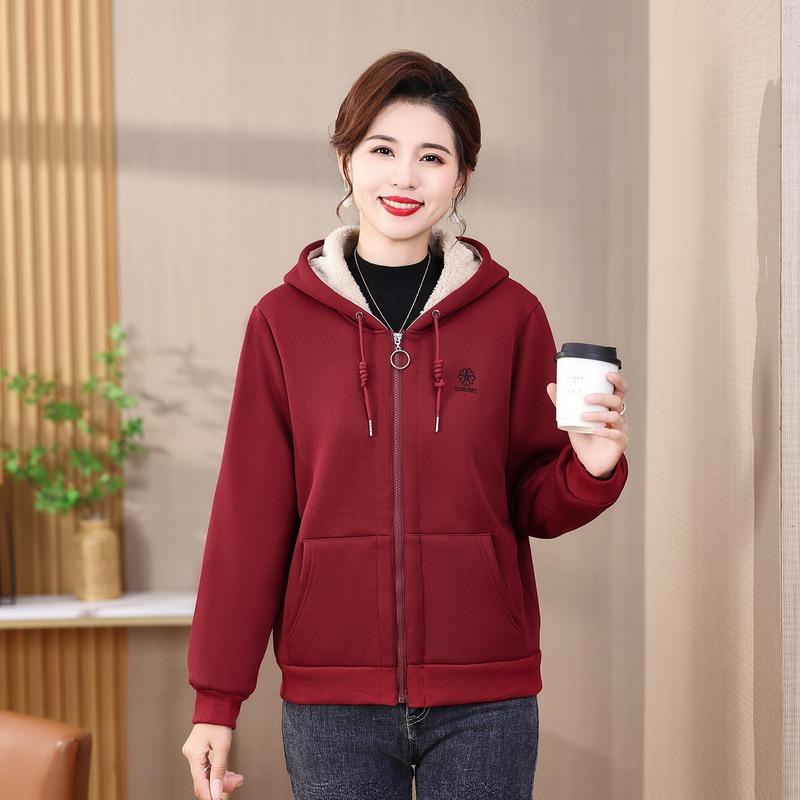 

Autumn and winter fleece jacket jacket new women s casual warm hooded short sweater 5XL бордовий