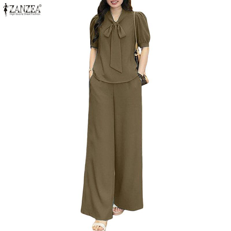 ZANZEA Women Short Sleeve Blouse and Pants Casual Two Piece Suit Sets