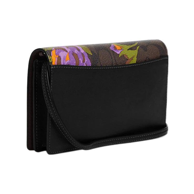 Coach Anna 20 Rose Floral Logo Classic Canvas And Leather Envelope Bag Women Shoulder Bag Brown Black CL658-SVW1Q