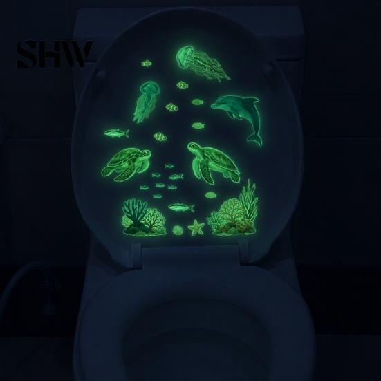 Underwater World Toilet Seat Decals Ocean Themed Glow In The Dark Stickers, Waterproof PVC Marine Life for Bathroom Stickers Wall Decor, Dolphins