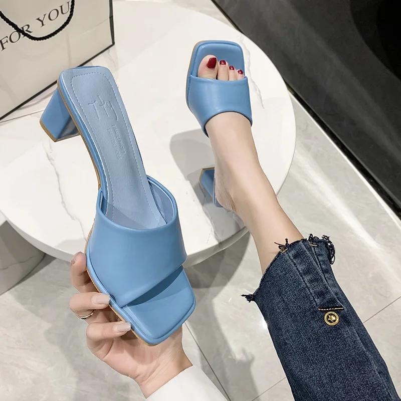 Fashion Summer New Women's Solid Color Candy Color Thick Heel Square Head Open Toe Sandals