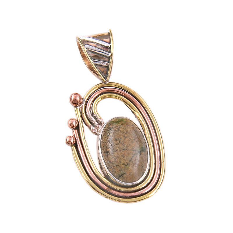 Natural Rhyolite Gemstone 925 Solid Sterling Silver Two Tone Pendant 1.50" A3I82