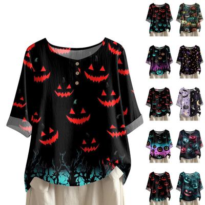 Damen Modisches Und Lässiges Shirt Halbarm Rundhals Print Baumwolle Und Leinen Bluse Top