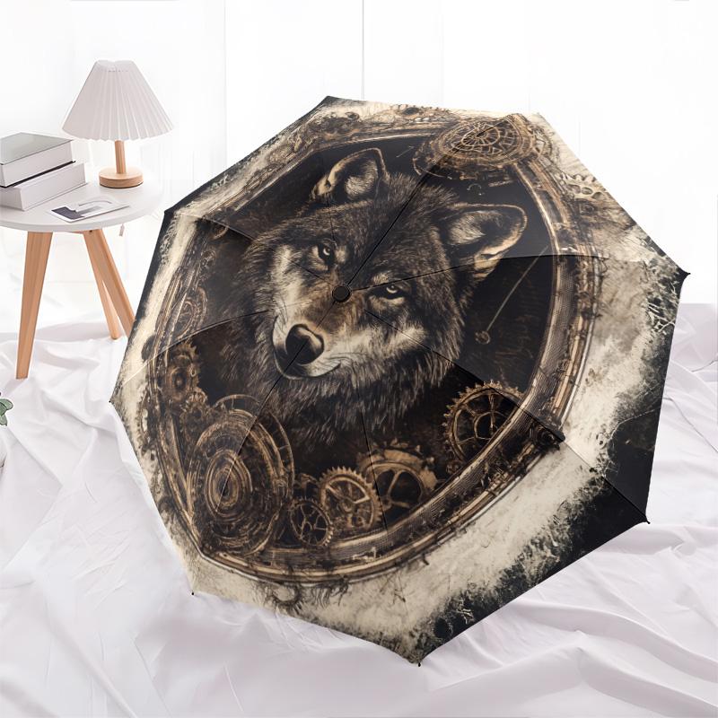 Gear Wolf pattern, automatic folding umbrella, portable and foldable design, 8 ribs, a Christmas or birthday gift.