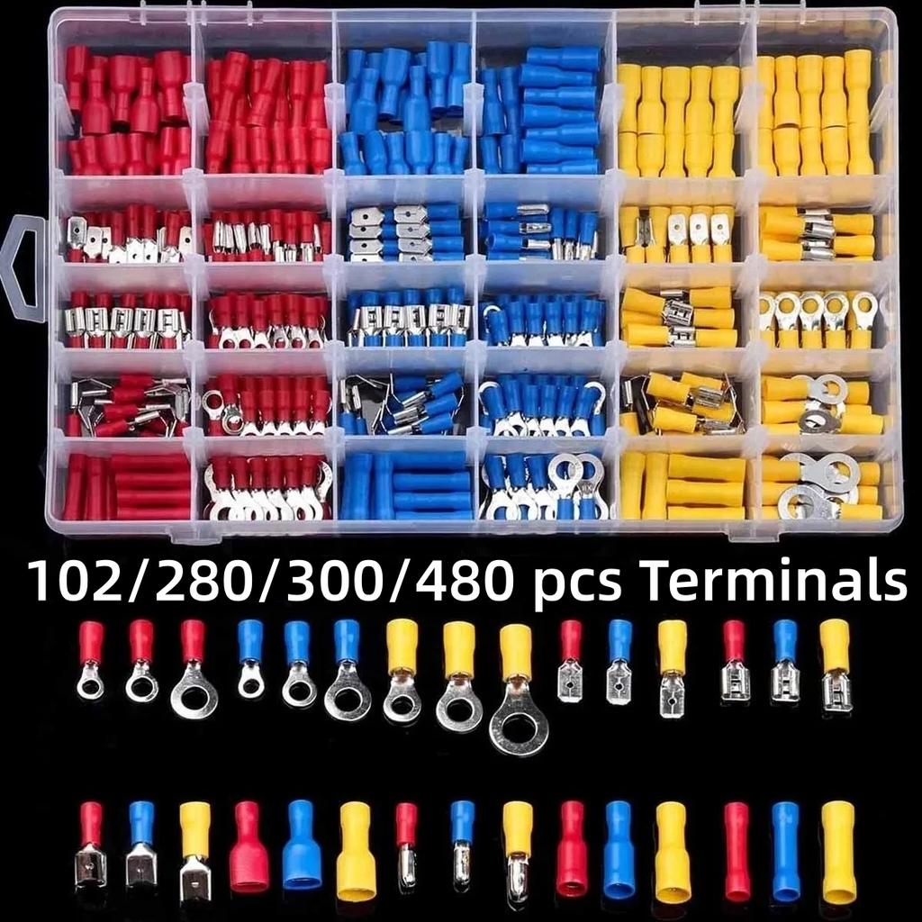 100/280/300/480PCS Insulated Cable Connector Wire Crimp Spatula Butt Ring Fork Kit Ring Lug Rolled Terminal Kit