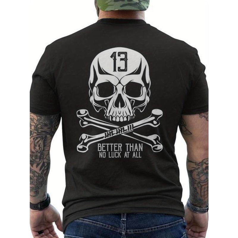 European Sizes Better Than No Luck At All Luck Number 13 Gothic Skull Men's T-Shirt with Back Print- Men's T-shirt- Crew Neck