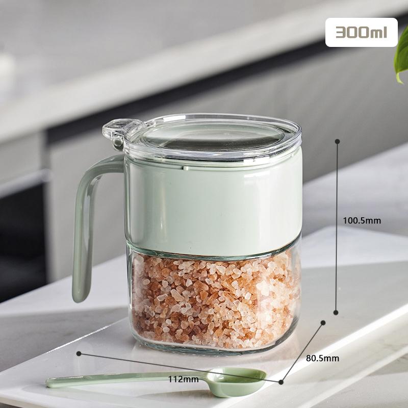 

Простая роскошная коробка для приправ с ложкой, утолщенное стекло пищевого класса без свинца, прозрачная откидная конструкция, удобная ручка зелёный