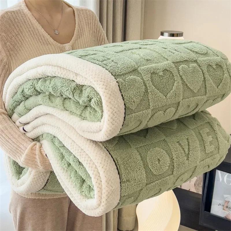 Knitted Heart Pattern Warm Throw Blankets Winter Soft Comfortable Double Sided Plush Thick Coral Velvet Blanket for Bed Safa