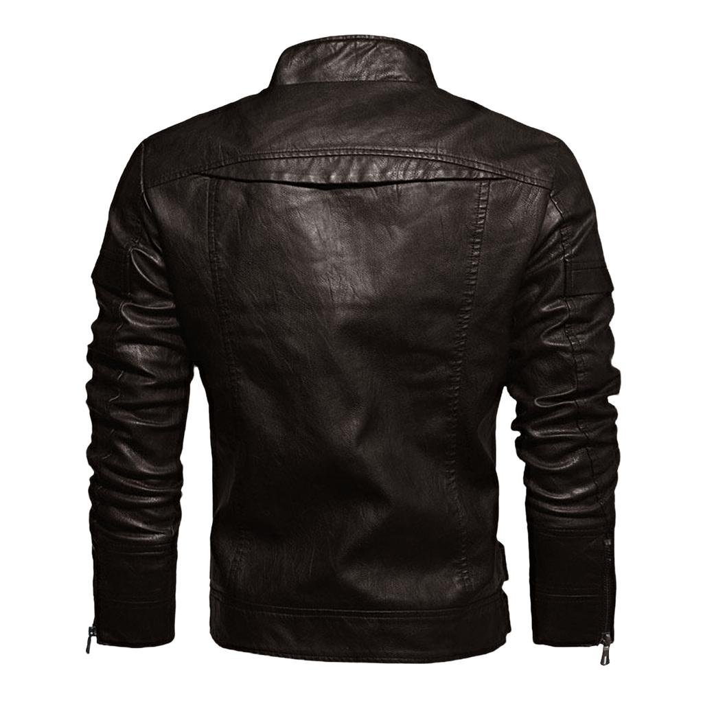 Men's Solid Color Stand Collar PU Leather Top Retro Casual Motorcycle Jacket
