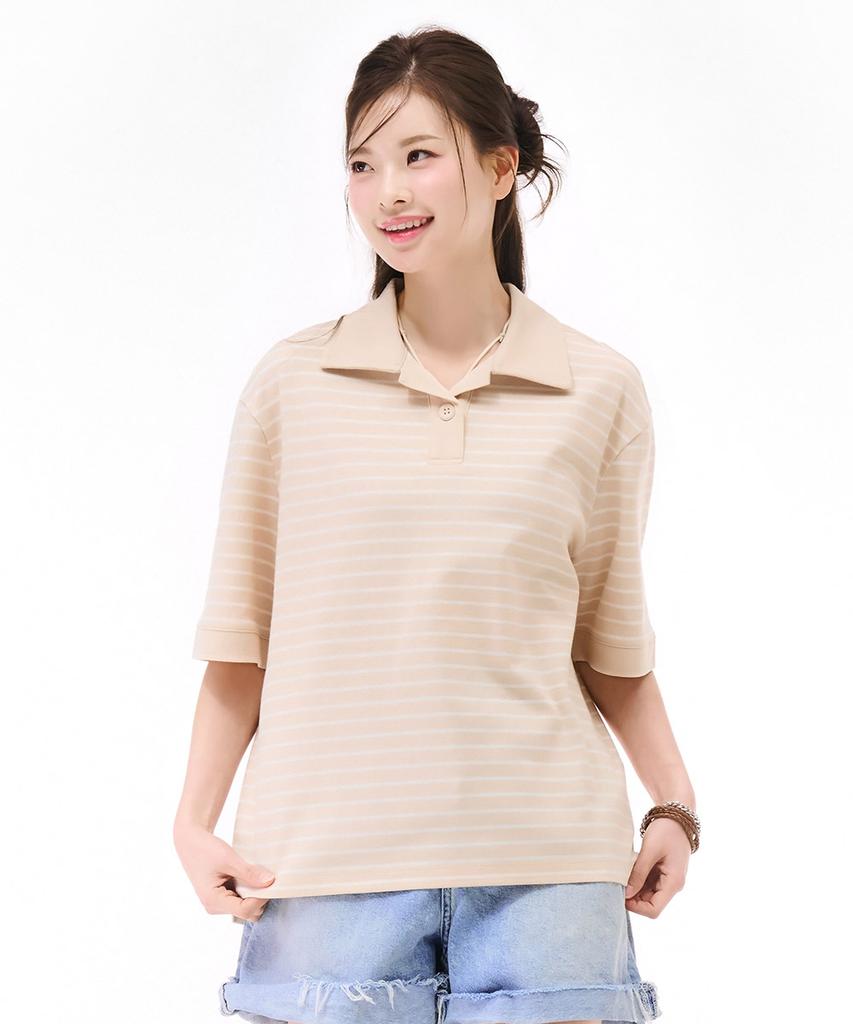 CHASECULT Women'S Open Collar Striped Short Sleeve T-Shirt - Beige