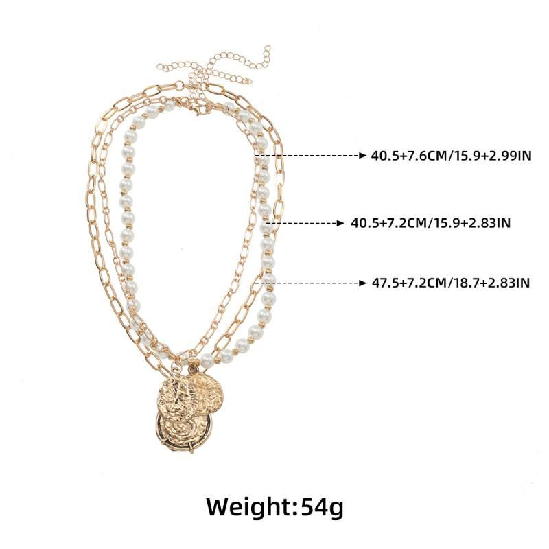 Layered Gold-Tone Alloy Necklace Set With Multi-Row Imitation Pearl Coin Pendants Women Geometric Chic Statement Jewelry