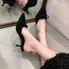 Fashion Butterfly-Knot Flock Women Heels Pumps Shoes Mules Slip on Footwear Shallow Ladies Medium Heels Shoes Female Slides