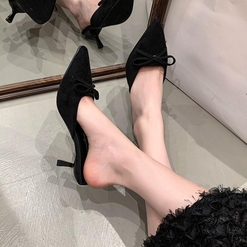 Fashion Butterfly-Knot Flock Women Heels Pumps Shoes Mules Slip on Footwear Shallow Ladies Medium Heels Shoes Female Slides