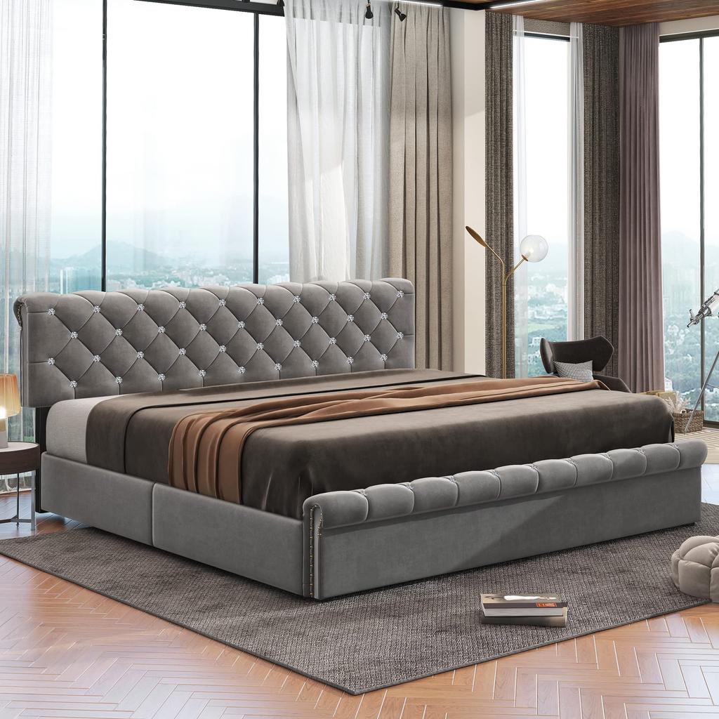 Polsterbett 140x200cm, Hydraulisch Doppelbett, Lattenrost, Bettkasten, Verstellbares Kopfteil, Samt, Grau, ohne Matratze