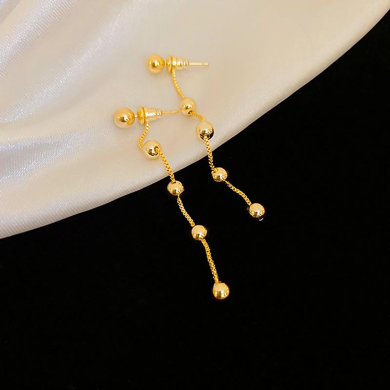 

Gold-Plated Geometric Tassel Earrings for Women - Elegant Metallic Beaded Design