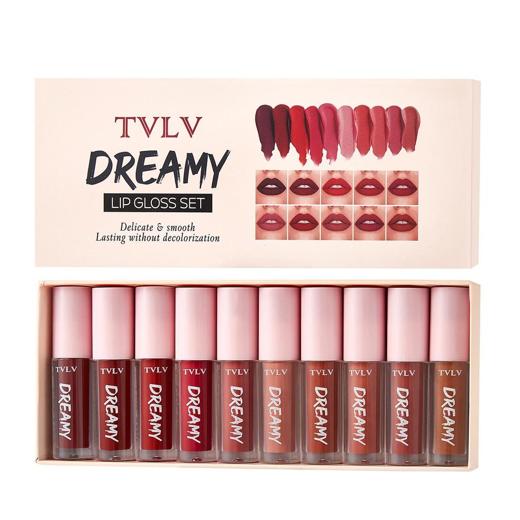 TVLV 10-Piece Matte Velvet Lip Gloss Set - Waterproof & Sweatproof