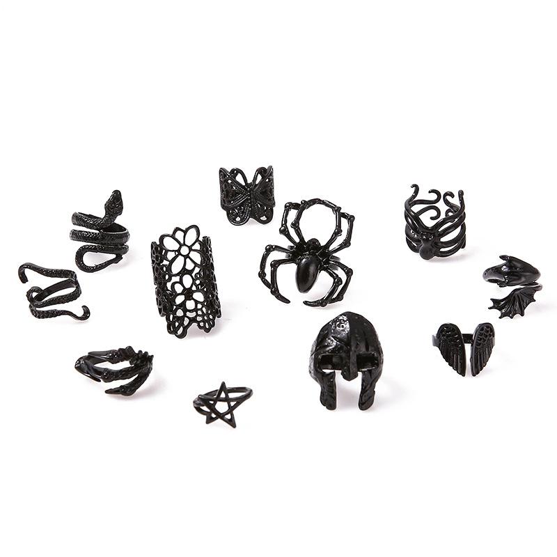 Electrophoretic Black Adjustable Snake Skull Love Spider Mask 11-piece Ring Set