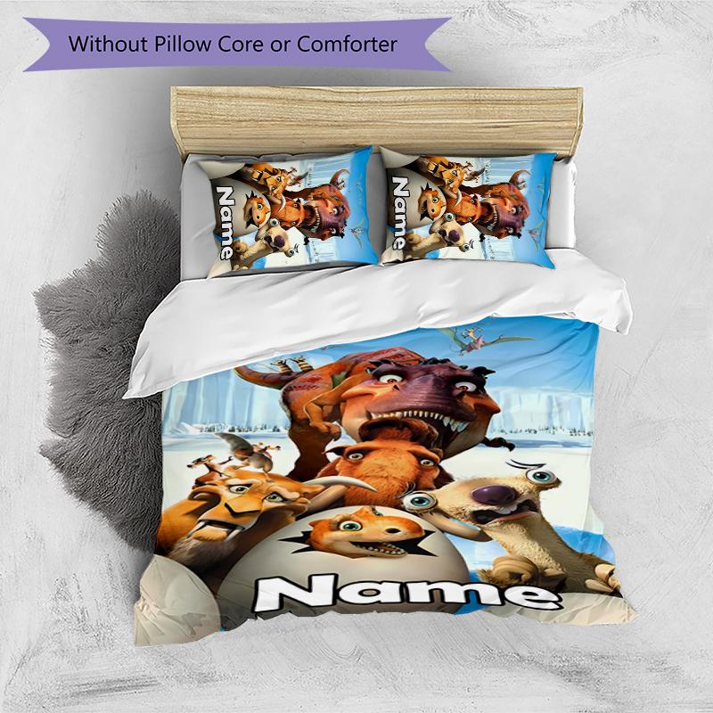 Juego de Ropa de Cama con Nombre Personalizado de Dibujos Animados Ice Age: El Origen de los Dinosaurios, Cierre de Funda Nórdica, Incluye 1 Funda Nórdica y 2 Fundas de Almohada para Todas las Estaciones, Dormitorio