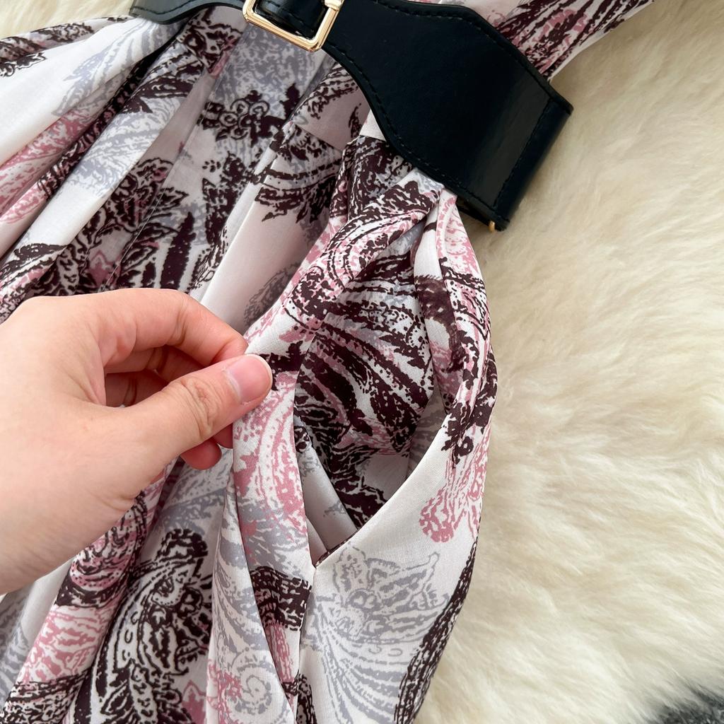 Summer Women Vintage Print Short Sleeve Turn-down Collar Single Breasted Long Midi Party Shirt Dresses with Belt