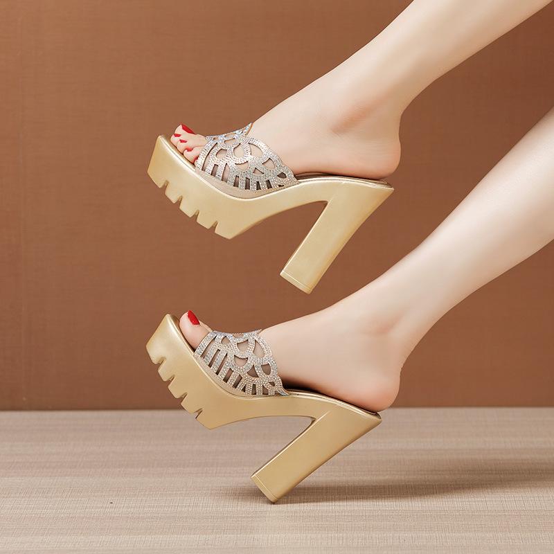 10cm 13cm Small Size 32-43 Elegant Rhinestone Wedding Shoes Summer Slides 2025 Womens Block High Heels Slippers for Party Model