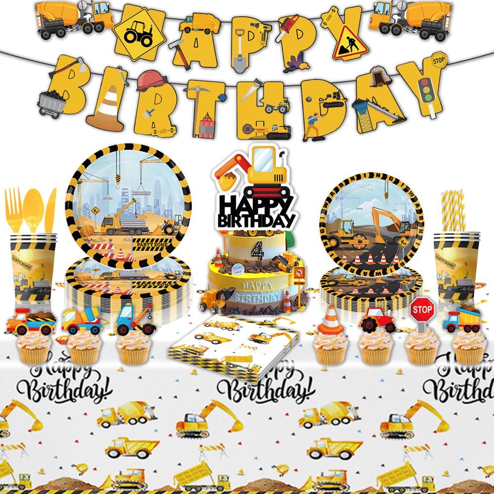 Disposable Paper Plates Cups Napkins And Tablecloth Set Excavator Themed Birthday Party Supplies