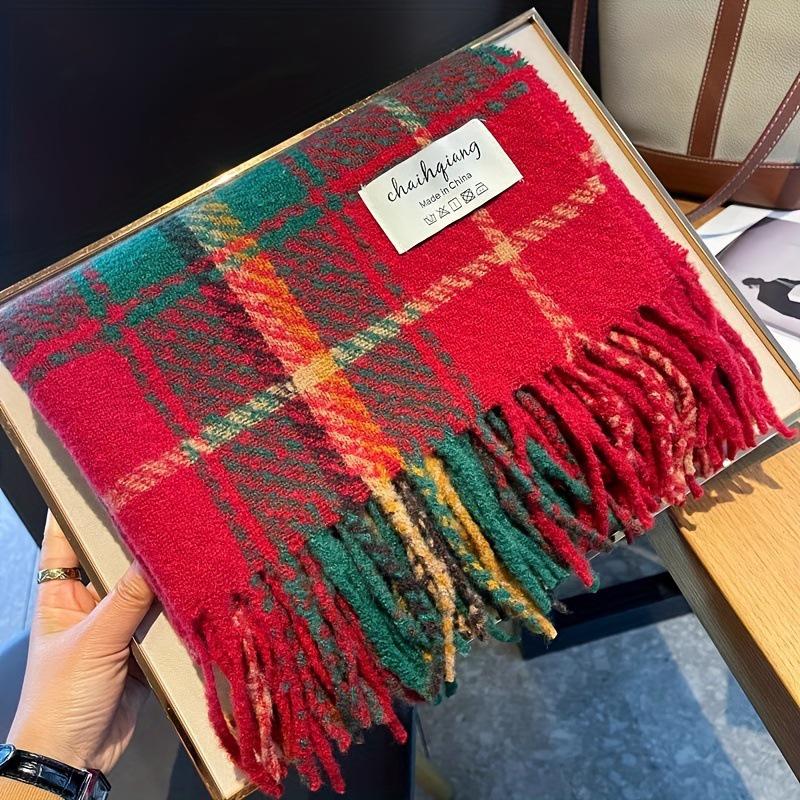 Women’s Red Plaid Tassel Scarf – Thick, Double-Sided Winter Shawl and Neck Warmer for Christmas