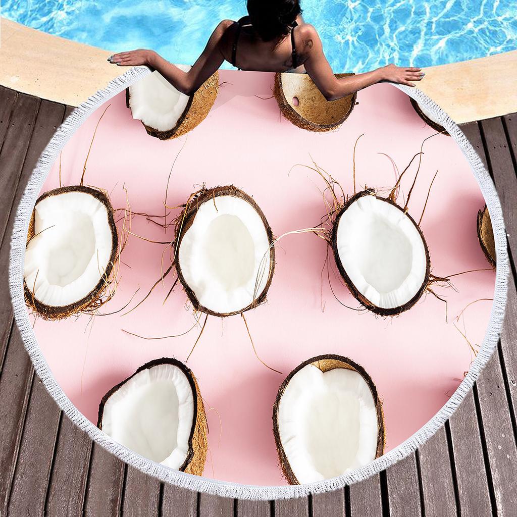 Hawaii Tropical Fruit Coconut Round Beach Towel with Tassels, Microfiber Quick Dry Absorbent Pool Towel Sand Free Beach Blanket