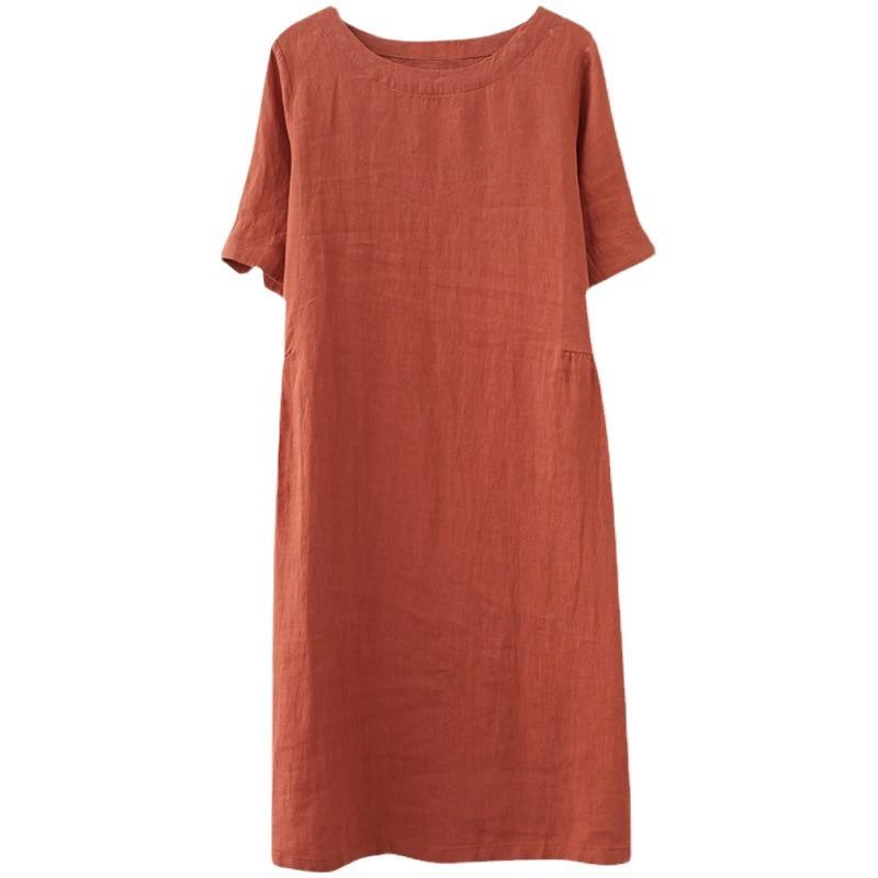 Summer Loose Round Neck Short Sleeved Dress Women Mid Long Style