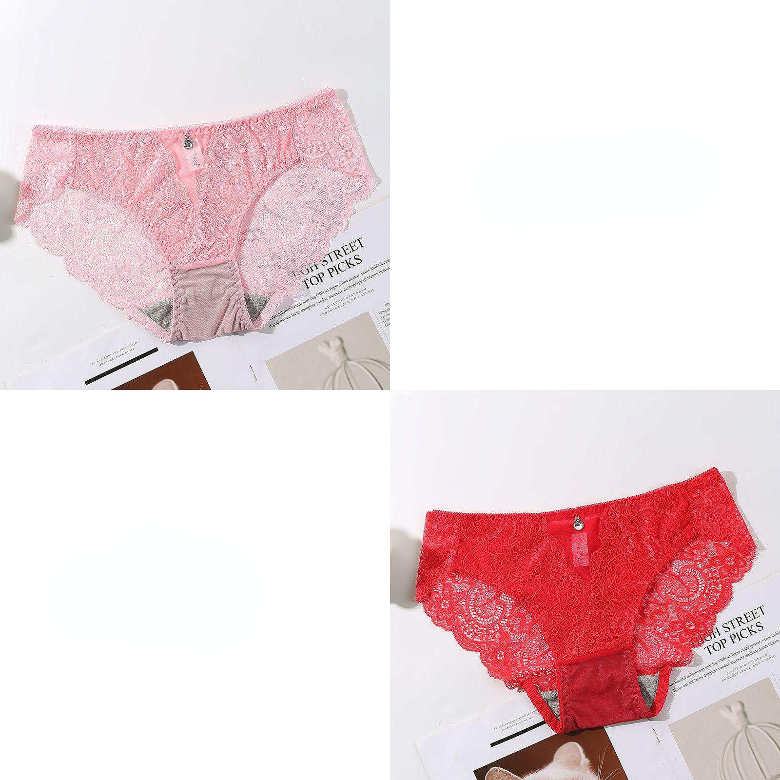 

2PCS Жіночі сексуальні мереживні трусики Ice Silk Briefs Girls Transparent Floral Underpants XL (55-65kg) рожевий/червоний