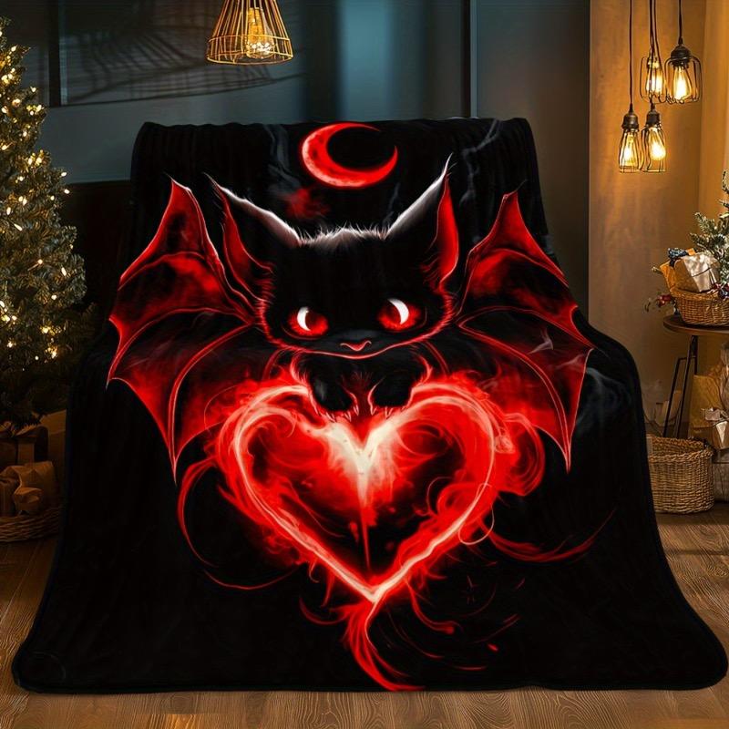 1pc Gothic Bat & Heart Throw Blanket - Black & Red Vampire Design - Soft Lightweight Flannel All-Season Bedspread for Couch